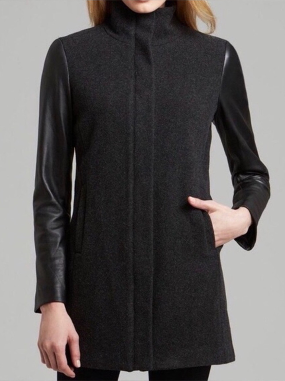 EILEEN FISHER Wool Melton Coat Womens S Leather Sleeves Zip Front Button Snaps